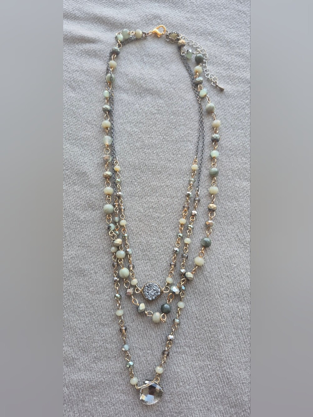 Layered Gold Necklace with Mint and Cream Beads and Crystal Drop